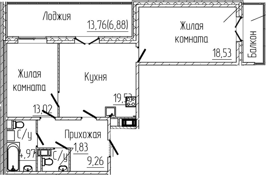 2-комнатная квартира 75.19 м², 8/8 эт., ЖК «SERTOLOVO PARK»